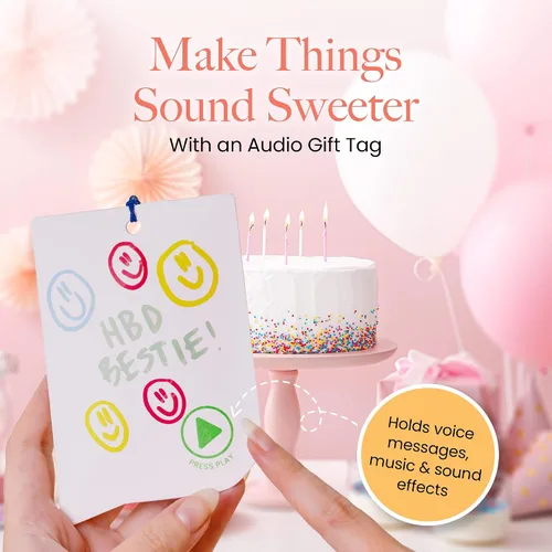 Vista 3 de VoiceGift Etiqueta: 1 paquete de etiqueta de felicitación de audio con grabadora de voz, tarjeta de regalo grabable con múltiples mensajes