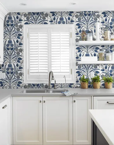 Vista 5 de CiCiwind Papel tapiz de despegar y pegar, color azul y blanco, papel de pared floral, bohemio, autoadhesivo, apto para inquilinos, papel de contacto