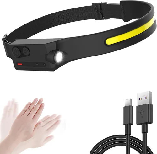 Vista 9 de Linterna frontal LED recargable con sensor de movimiento, lámpara de cabeza USB, cómoda diadema con haz ancho, 5 modos, 350 lúmenes, linterna ultra