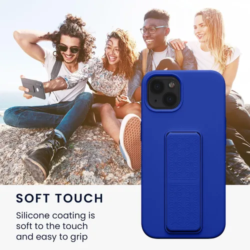 Vista 5 de kwmobile Funda compatible con Apple iPhone 13 - Funda con correa de mano y soporte revestimiento de silicona TPU suave - Azul Báltico