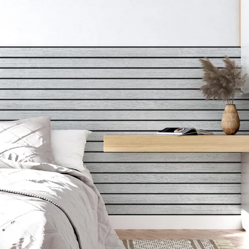 Vista 5 de Wallercity Panel de pared de listones de madera gris/blanco autoadhesivo para paredes, paneles de madera con cancelación de ruido para dormitorio
