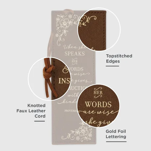 Vista 4 de Christian Art Gifts - Marcapáginas premium de piel sintética vegana con escritura bíblica para mujeres: Cuando ella habla - Proverbios 31:26, Marrón