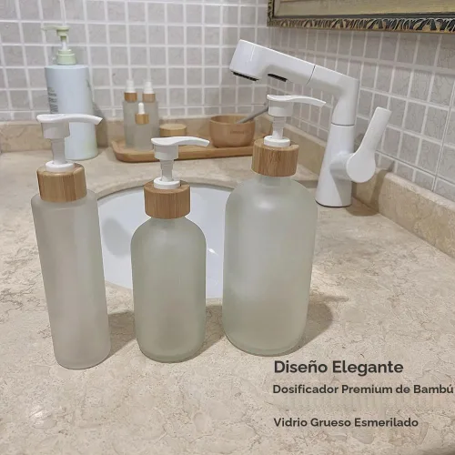 Vista 6 de 2 botellas de vidrio esmerilado rellenables vacías de 8.5 fl oz/8.3 onzas, contenedor de botellas de almacenamiento con cabezal de bomba de tornillo