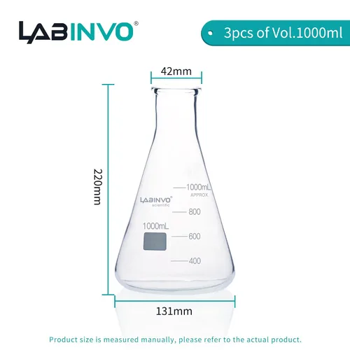 Vista 4 de Frasco Erlenmeyer de vidrio de 33.8 fl oz, frasco cónico graduado de boca estrecha con punto de marcado, juego de 3 frasco de vidrio de borosilicato