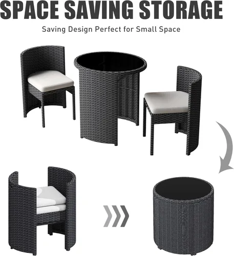 Vista 4 de Juego de 3 piezas de mimbre para exteriores, muebles de patio que ahorran espacio con mesa de ratán para césped, jardín, piscina, balcón, sin