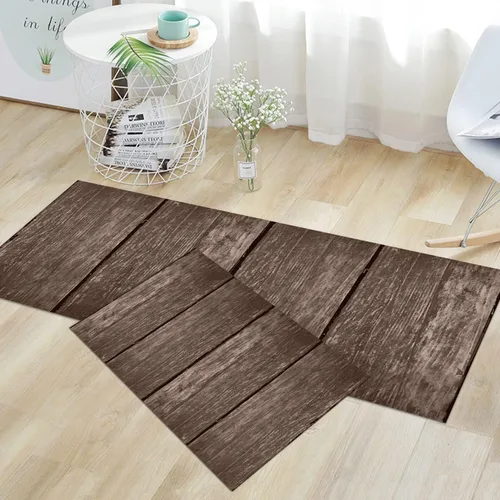 Vista 11 de GUBIYU Juego de 2 alfombras y tapetes de cocina de madera campestre, lavables, rústicas, tablones de madera marrón, alfombras de baño