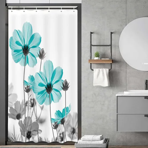 Vista 33 de MERCHR Cortina única floral azul para decoración de baño, cortina de ducha estilo granja con flores de margarita azul y gris elegantes y diseño