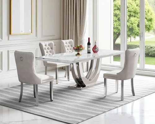 Vista 11 de SSLine Juego de mesa de comedor de mármol sintético blanco de 68 pulgadas