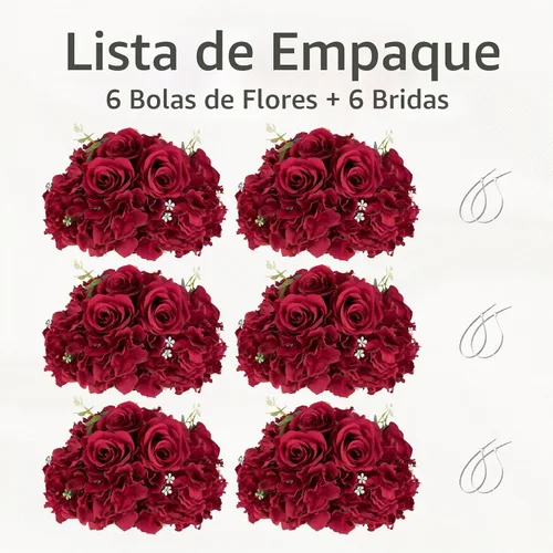 Vista 8 de Bolas de flores burdeos para centros de mesa: 11.8 pulgadas de diámetro, juego de 6