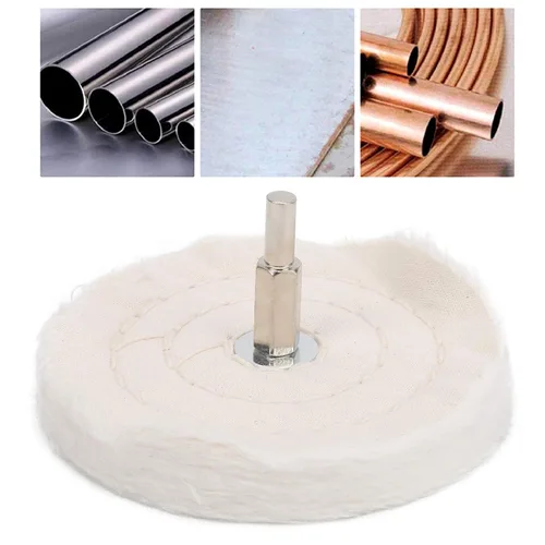 Vista 6 de Kit de rueda de pulido de tela blanca para taladro, herramientas de pulido de espejo de algodón de tipo plano con mango para joyería de metal, acero