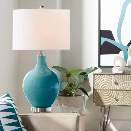 Vista 23 de Color + Plus Lámpara de mesa moderna de 28.5 pulgadas de alto, cristal azul Mónaco OVO blanco con pantalla de tambor de lino para sala de estar