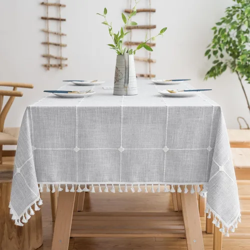 Vista 10 de Oubonun Mantel cuadrado de lino de algodón, resistente a las arrugas y al agua, lavable a máquina con borlas para cocina y comedor, 55 x 55
