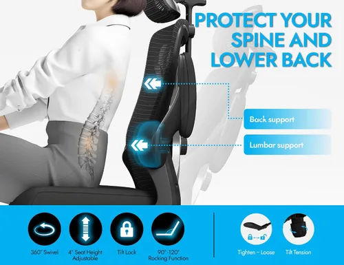 Vista 5 de Silla de oficina ergonómica negra: silla de escritorio de malla cómoda con Negro