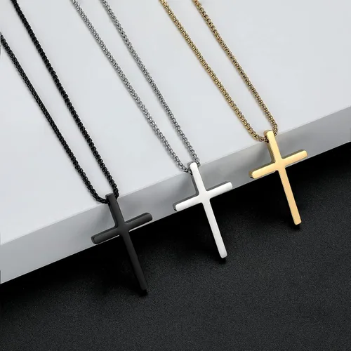 Vista 7 de Collar de cruz para mujeres y hombres, de acero inoxidable, chapado en oro de 18 quilates, cadena de caja con colgante de cruz negra, plata simple