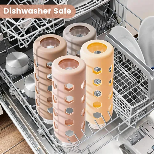 Vista 6 de Mrsdry Botellas de jugo de vidrio con tapas y fundas de silicona de 18 onzas, paquete de 4 botellas de agua reutilizables de vidrio transparente