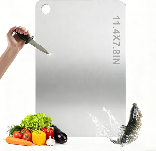 Vista 7 de Tabla de cortar de titanio, tabla de cortar de acero inoxidable para cocina, tabla de cortar de grado alimenticio 304, a prueba de deformación