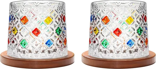 Vista 13 de Vaso de vidrio antiguo giratorio, 275ml/10oz Juego de vasos de whisky de cristal de 2 piezas, posavasos de madera, engrosamiento, utilizado como