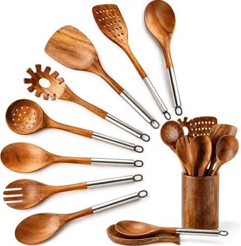 Vista 9 de Cucharón de madera de 3 tamaños, cucharas de madera para cocinar, cucharón de madera para sopa, teca natural, cuchara de madera antiadherente