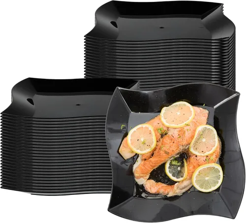 Vista 13 de Restaurantware - Platos de postre de 3 x 3 pulgadas, 100 platos de cóctel pequeños, cuadrados, bordes ondulados, platos desechables de plástico Negro