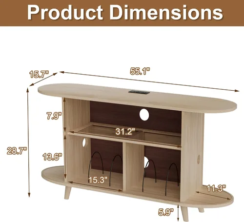 Vista 2 de Soporte para tocadiscos, gabinete de almacenamiento de discos de 55 pulgadas con estación de carga y puertos USB, soporte para tocadiscos