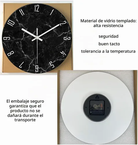 Vista 6 de Relojes de pared minimalistas negros para sala de estar, relojes de pared con patrón de mármol de vidrio, funciona con pilas, reloj de pared