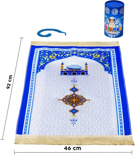 Vista 2 de Alfombra de oración musulmana y cuentas de oración con elegante caja de regalo, juego de regalos islámicos, tapete de alfombra de oración (azul)