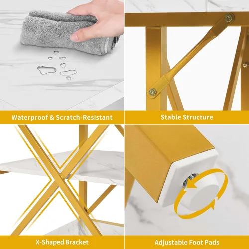 Vista 5 de DWVO Mesa de comedor rectangular de 47 pulgadas para 4 personas, mesa de cocina moderna de mármol blanco con estante de almacenamiento y patas