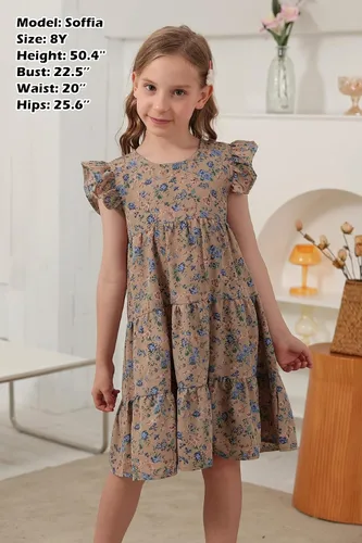 Vista 4 de GORLYA Vestido midi plisado con vuelo y mangas con volantes y estampado floral para niñas 4-14T
