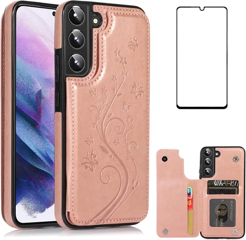 Vista 10 de Asuwish Glaxay S22 - Funda para Samsung Galaxy S22 5G con protector de pantalla de vidrio templado, soporte de cuero con tarjetero, doble cierre