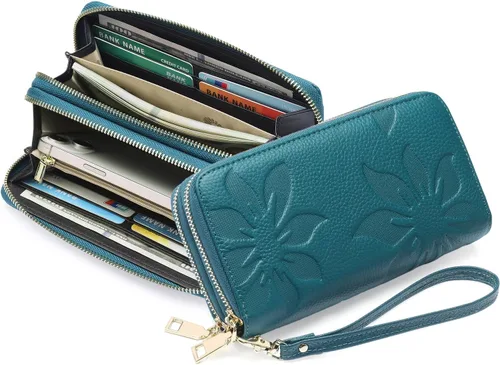 Vista 9 de GOIACII Cartera de mujer de gran capacidad con doble cremallera para mujer, soporte para teléfono con bloqueo RFID, correa de cuero, A02 Verde