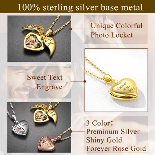 Vista 5 de SILVERCUTE Personalized & Engraved Locket Necklace with 18" Chain -Angel Wings Locket, Custom Heart Locket Pendant That Holds Picture, Sterling