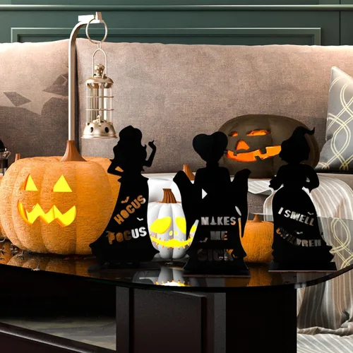 Vista 5 de 3 piezas de Hocus Pocus, centros de mesa de madera, decoración de bruja de Halloween
