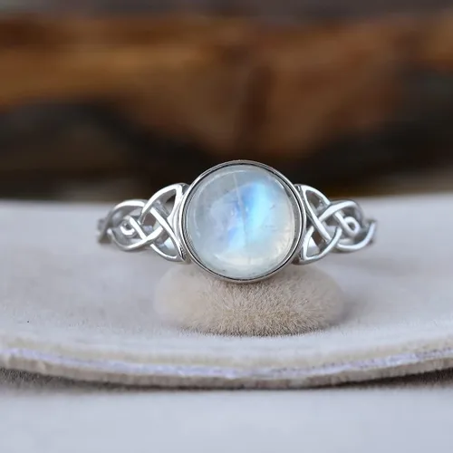Vista 4 de Angol Anillo de plata de ley auténtica con piedra lunar arcoíris para mujer, anillo de pulgar minimalista con caja