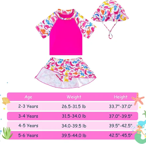 Vista 5 de Traje de baño de manga corta para niña, conjunto de 3 piezas, con sombrero UPF50+ protección solar