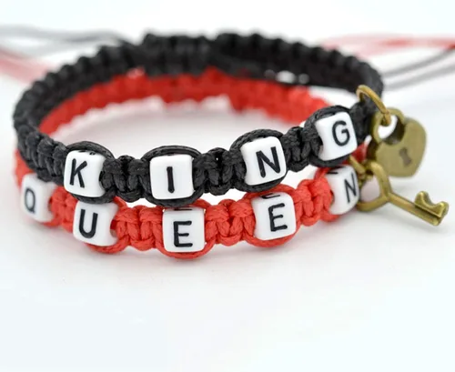 Vista 3 de Pulseras para niñas adolescentes hecho a mano pareja rey reina trenzado cuerda pulsera clave aleación colgante decoración regalo