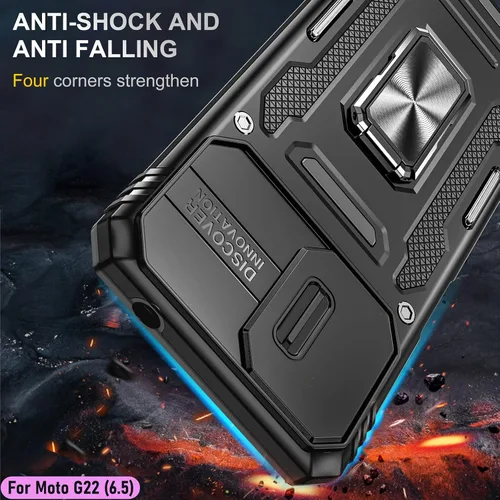 Vista 7 de Funda resistente para Motorola Moto G22, protector de parachoques de goma híbrido de doble capa de grado militar con protector de cámara deslizante