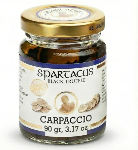 Vista 10 de Spartacus Carpaccio de trufa negra en aceite de oliva extra virgen Rebanadas de melanosporum de tubérculo real Condimento gourmet para pasta