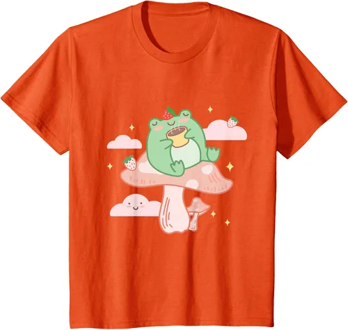 Vista 32 de Kawaii Strawberry Frog On Mushroom - Camiseta de manga corta de anime, Azul / Patchwork, S Azul Pastel