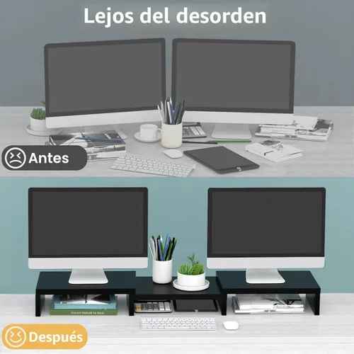 Vista 2 de TAVR - Soporte para monitor doble, organizador de escritorio de oficina para 2 monitores, longitud y ángulo ajustables, 3 estantes, soporte