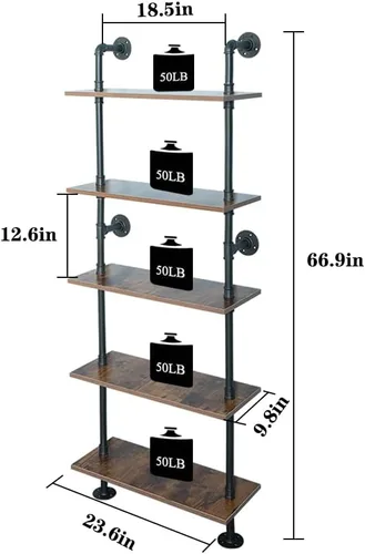 Vista 3 de ZIOTHUM Estantería industrial de tubería de 5 niveles de 67 pulgadas, estantes estante rústico negro