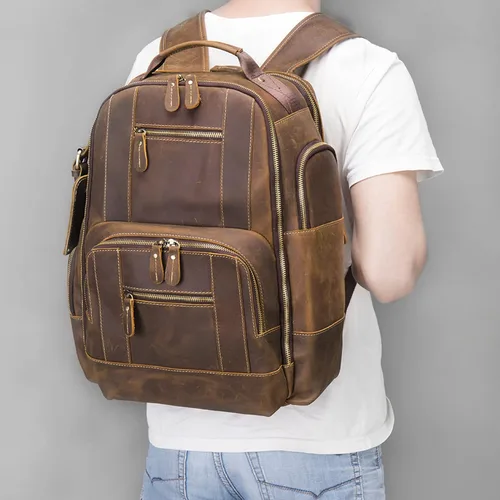 Vista 2 de BOSTANTEN Mochila de cuero para hombres 15.6 pulgadas mochila portátil vintage viaje oficina bolsa de hombro gran capacidad, Z-café claro, Mochilas