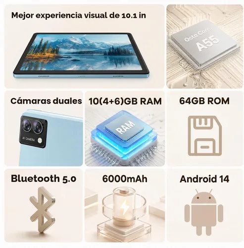 Vista 2 de DigiLand Tablet de 10.1 pulgadas, tableta Android 14 con 10 GB de RAM 64 GB ROM, 256 GB expandible, procesador Octa-Core, pantalla táctil IPS
