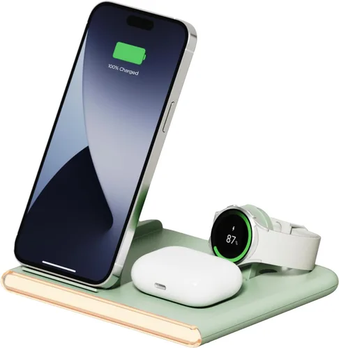Vista 10 de mooas Flip Square - Cargador inalámbrico 3 en 1 con carga rápida, luz nocturna de 2 colores, compatible con iPhone 13/14/15, Galaxy S22, S23, S24