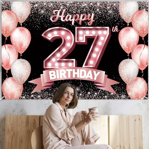 Vista 222 de Cartel de feliz cumpleaños décimo oro rosa, telón de fondo, saludos a 10 años, globos de confeti, decoración temática para niñas de 10 años