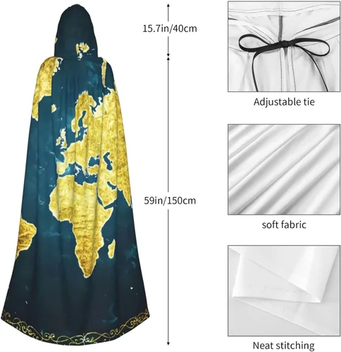 Vista 5 de Mapa del Mundo - Túnica con capucha para Halloween disfraz de cosplay aterrador bata de Capeman con capucha para mujer Negro