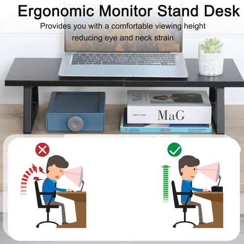 Vista 4 de TEAMIX Soporte elevador de monitor de 24 pulgadas, soporte para monitor de computadora de madera negra y acero con almacenamiento, portátil, PC