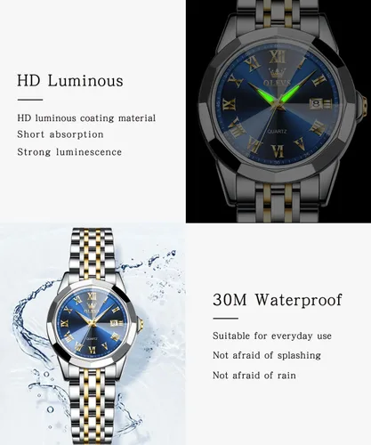 Vista 6 de OLEVS Reloj de pulsera para mujer, elegante, con diamantes, analógico, de cuarzo, de dos tonos, de acero inoxidable, impermeable, luminoso, regalo
