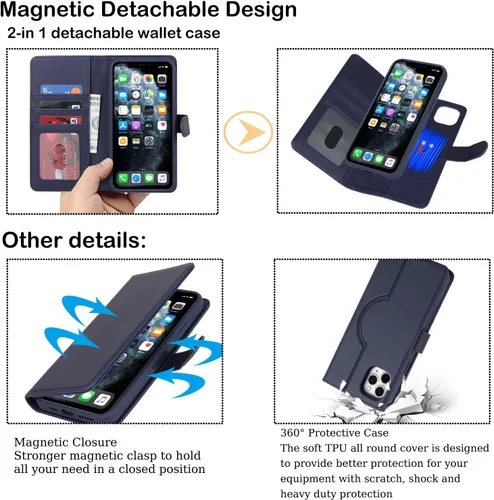 Vista 7 de Havaya Magsafe - Funda para iPhone 11 Pro Max, compatible con 2 en 1, desmontable con tarjetero de piel sintética, ranuras para tarjetas de crédito