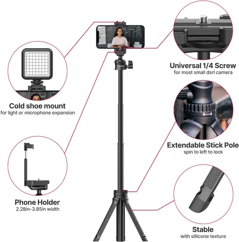 Vista 4 de ULANZI Trípode extensible todo en uno MT-34 con cabezal esférico ajustable 360°, compatible con iPhone 12 Pro Max/12 Mini/11 Pro Max/XR/X, teléfono