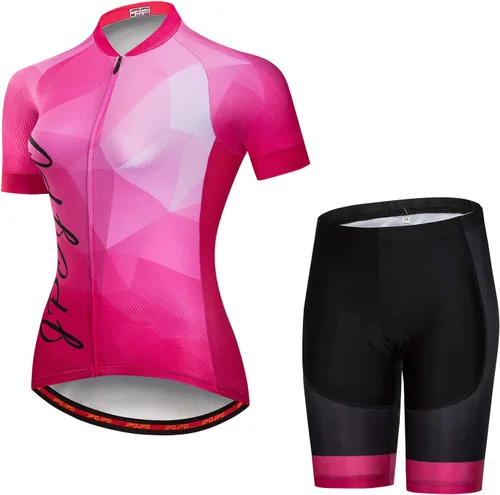 Vista 44 de Camiseta de ciclismo para mujer, manga corta y pantalones cortos de ciclismo acolchados para verano